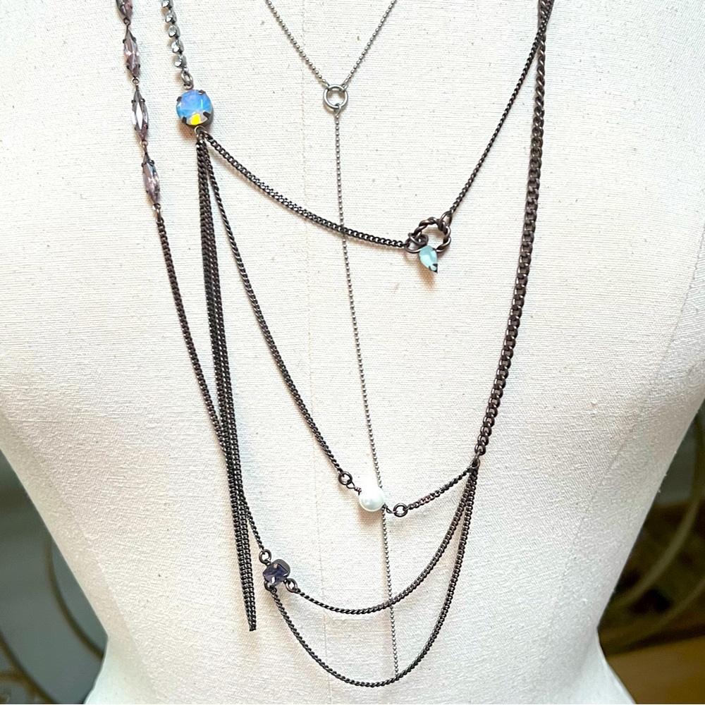 NWT Juicy Couture Wispy Long Layered Necklace w/ Crystals, Pearl, & Rhinestones - Picture 5 of 11